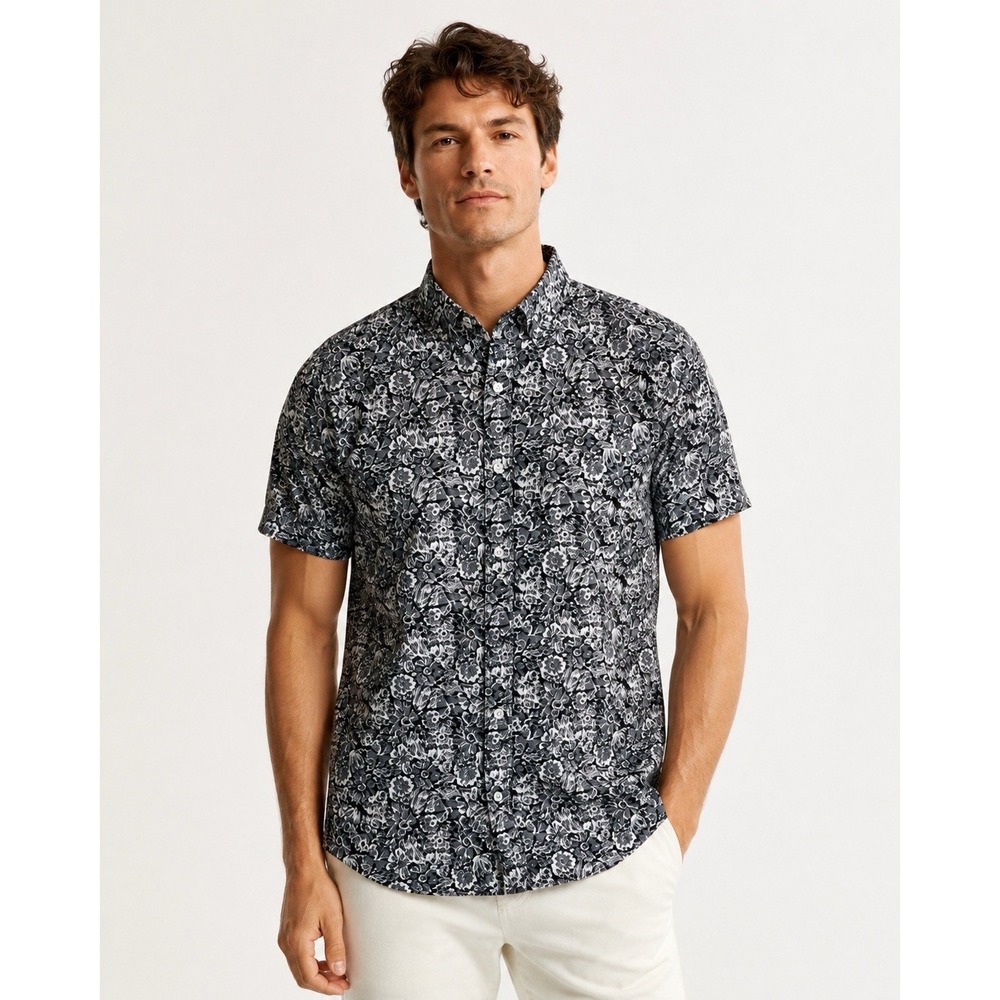 1901 Black White Floral Button Shirt Mens Medium Trim Fit Cotton Fairview Wash